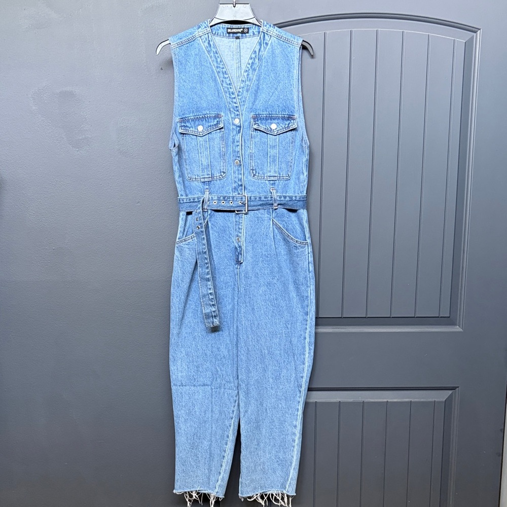 BlankNYC Sleeveless Denim Utility Jumpsuit in Blue - Picture 2 of 9